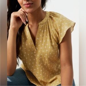UpWest Ruffled Sleeve V-Neck Coastal Cotton Popover Top S Mustard Yellow NWT